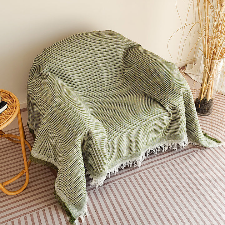 Waffle-Weave Fringed Throw Blanket Bowlift
