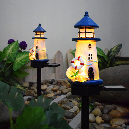 Resin Lighthouse LED Garden Stake Lamp With Integrated Solar Panel And Lifebuoy Ornament Bowlift