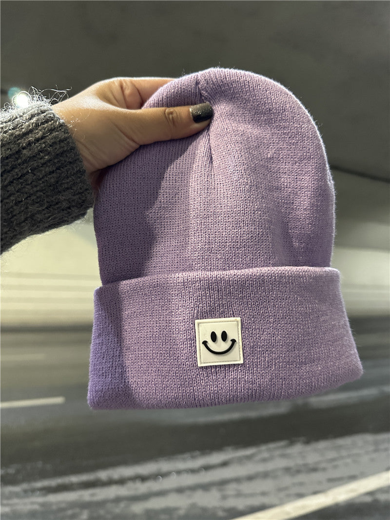 Smiley Face Ribbed Knit Beanie