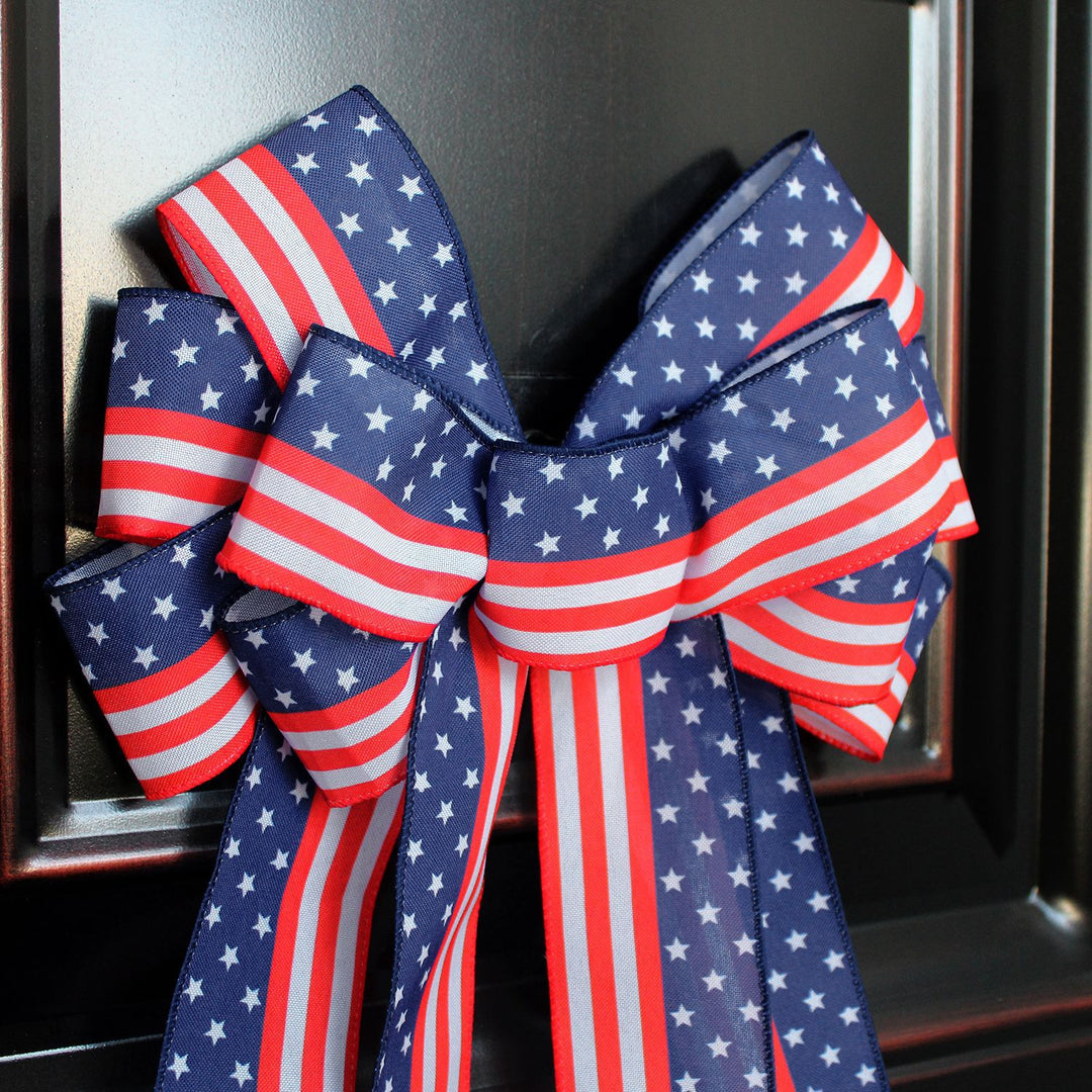 Unisex nan large patriotic star stripe ribbon bow wall hanging with long streamer tails for door wreaths and porch decor Bowlift