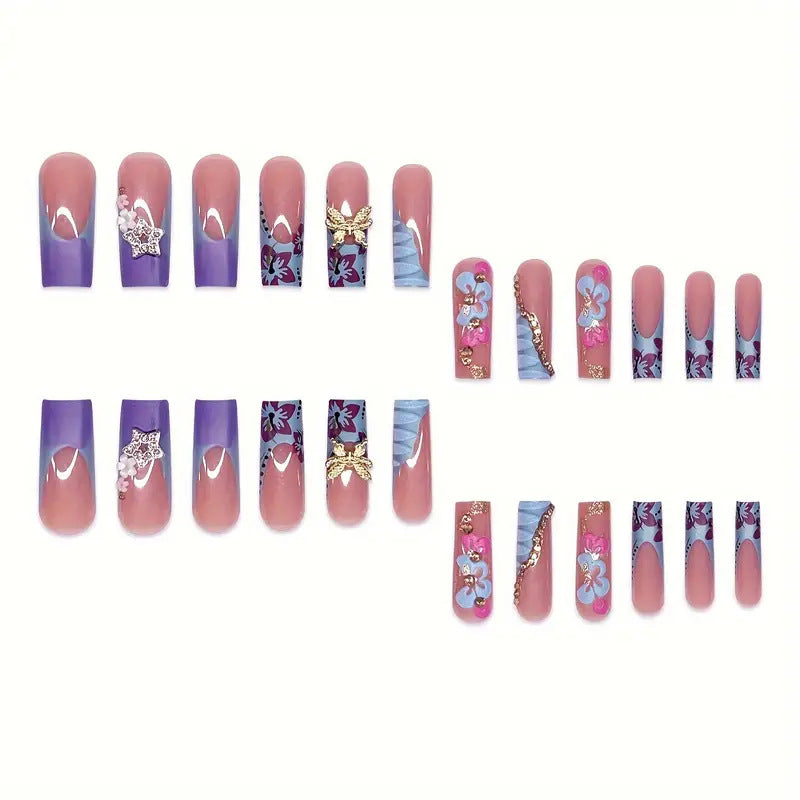 Artistic Floral-Embellished Press-On Nail Set Bowlift
