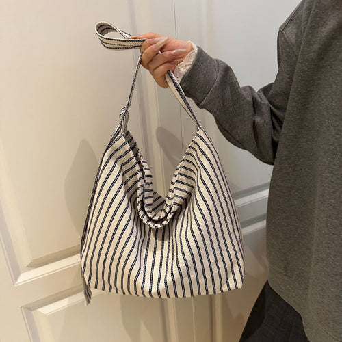 Casual Striped Canvas Tote Bag Bowlift