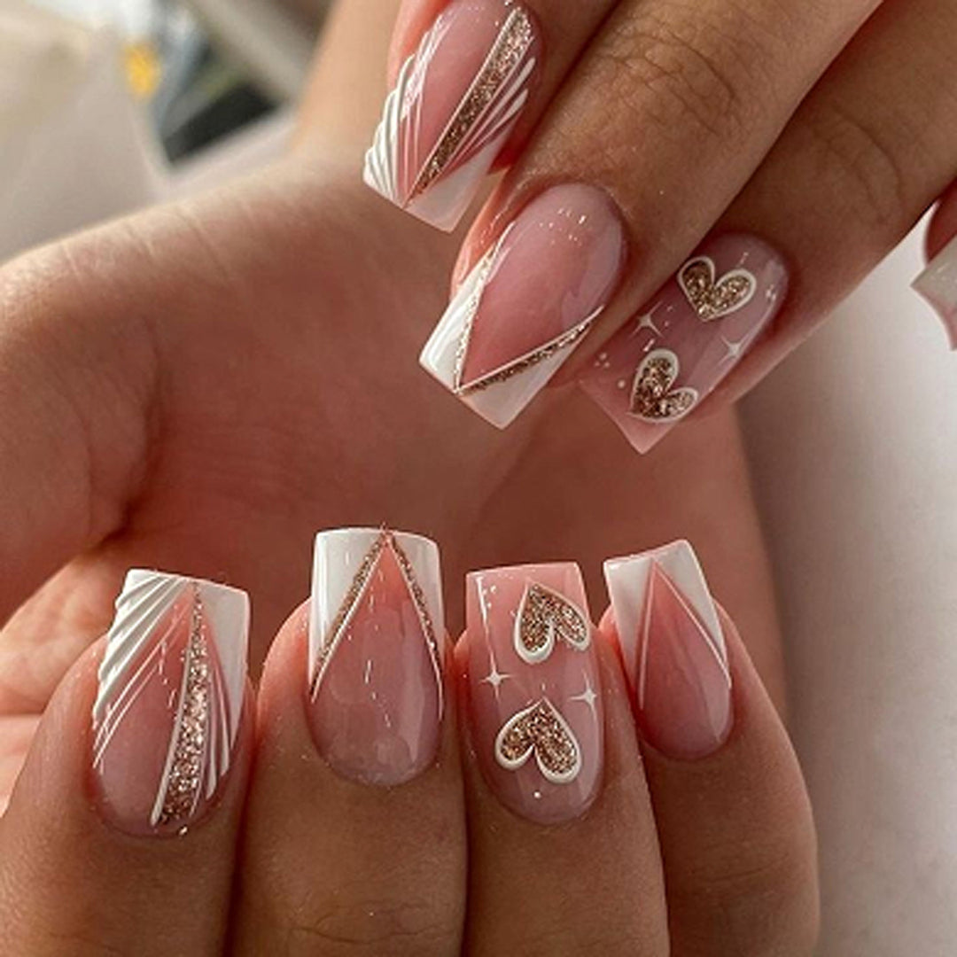 Artful Nail Art with Heart Design and Glitter Effects Bowlift