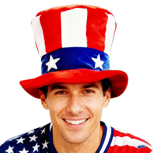 Unisex nan Tall Velvet Patriotic Top Hat with Star Band and Wide Brim Bowlift