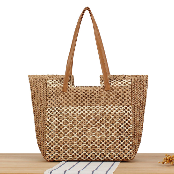 Shopping bag made of woven natural material with elegant leather handles Bowlift