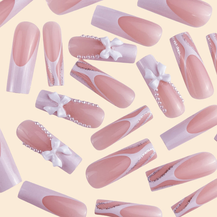 Decorative Long Coffin Nail Extensions with Bow Accents Bowlift