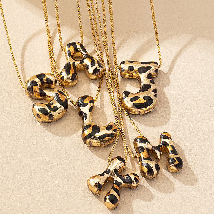 Custom Initial Pendant Necklace with Gold Chain and Leopard Resin Letter Charm Bowlift
