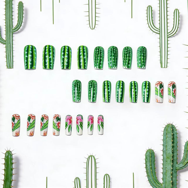 Artificial nails with blooming cactus design Bowlift