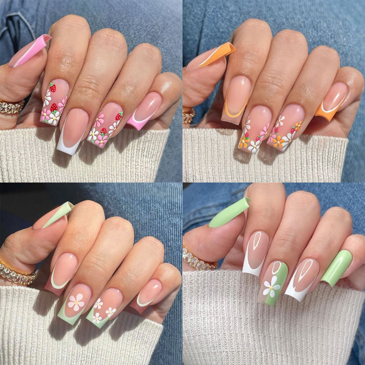 Artificial nail set with colorful flowers and creative French design Bowlift