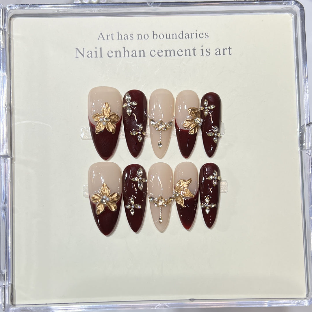 Premium Press-On Nail Art Set with Elegant Heart & Leaf Design Bowlift