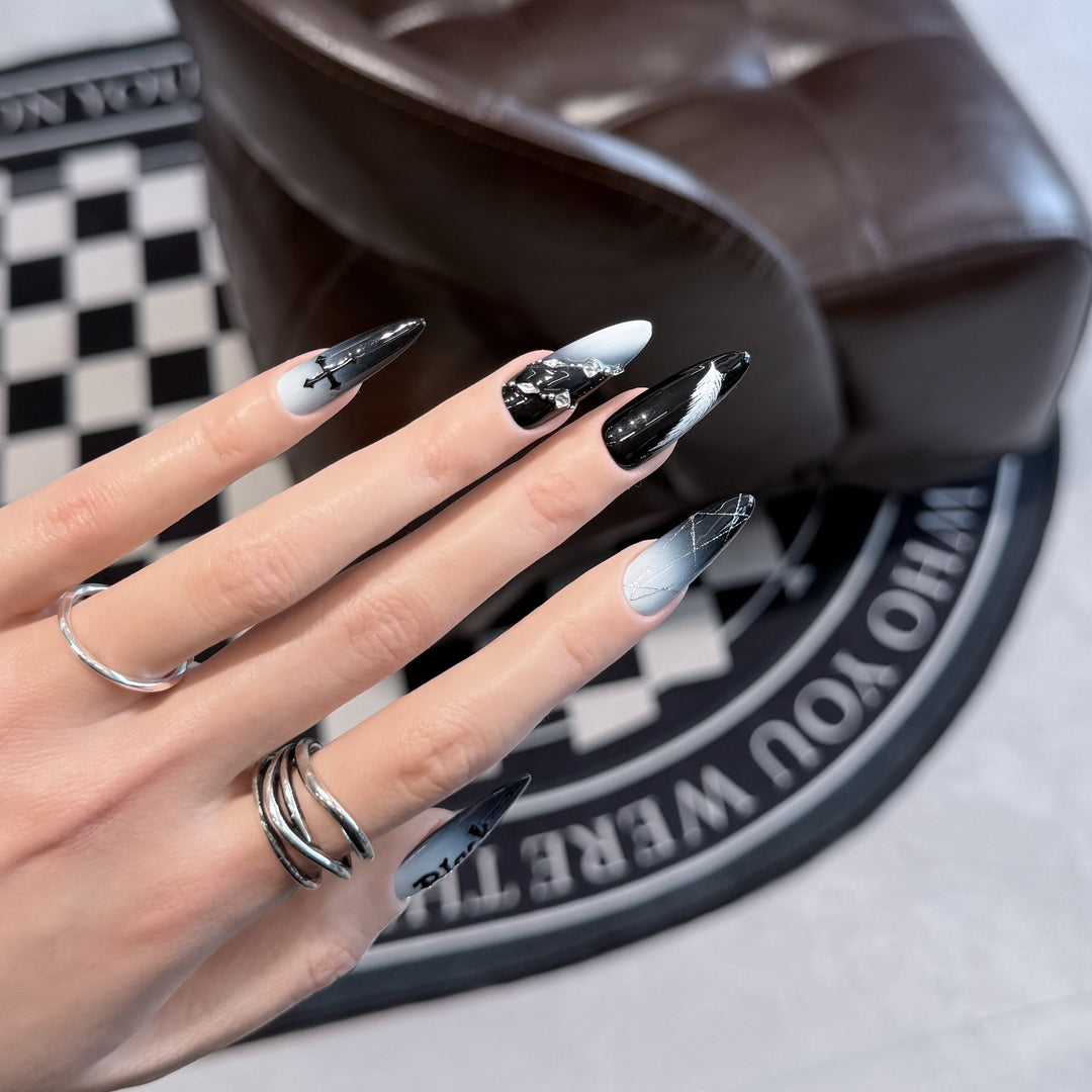 Artistic Press-On Nail Set with Gothic Feather and Cross Design Bowlift