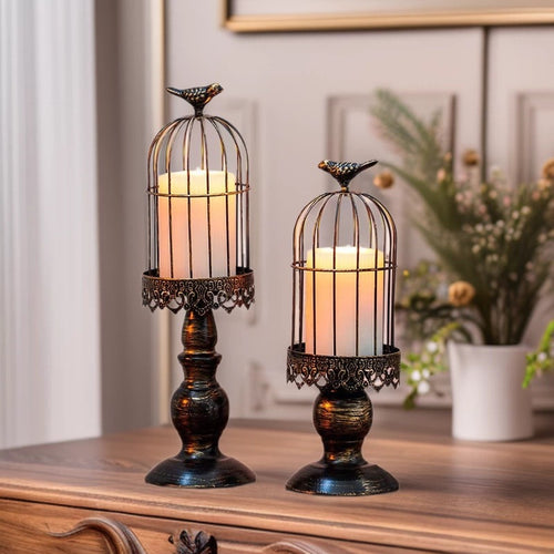 Antique-Style Distressed Metal Birdcage Tabletop Candle Holder & Display Stand Bowlift