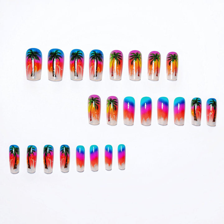 Artificial nails with tropical palm and sunset design Bowlift