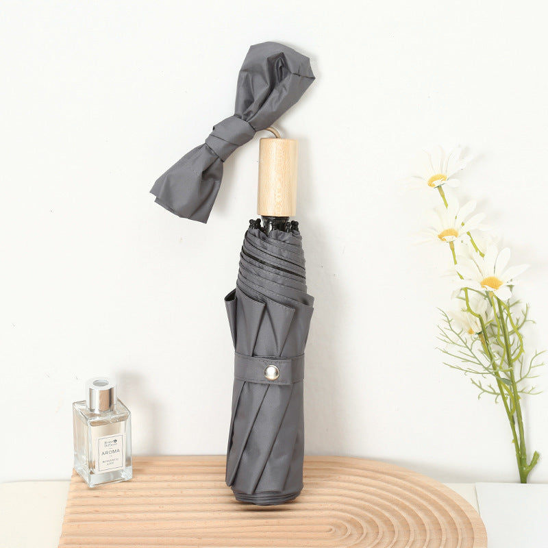 Women's Elegant Folding Umbrella with Wooden Handle Bowlift