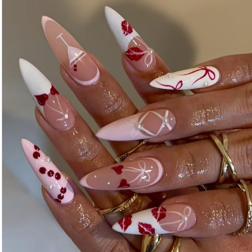 Romantic Kiss-Themed Press-On Nail Set Bowlift