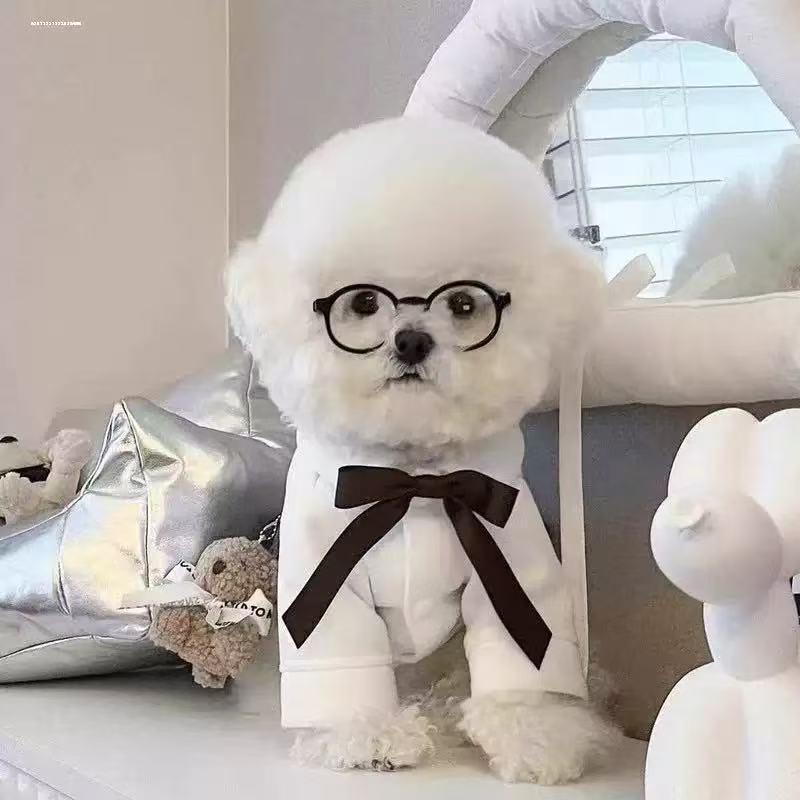 Pet Formal Button-Up Shirt with Satin Bow Tie and Cuff Sleeves Bowlift