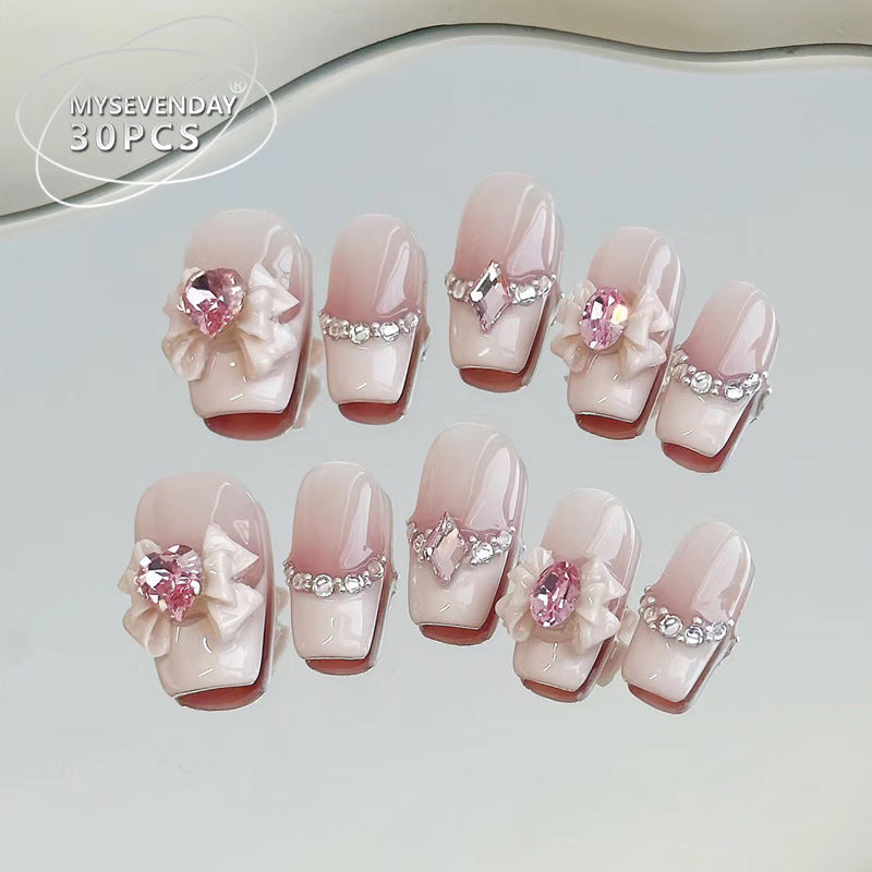 Glamorous Press-On Nail Set with Rhinestone and Glossy Finish Bowlift