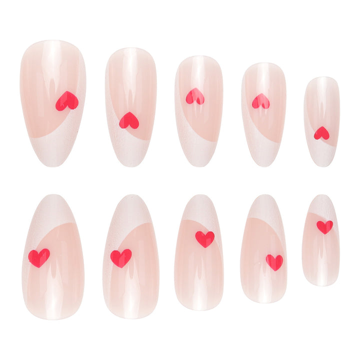 Elegant French Tip Press-On Nails with Heart Accents Bowlift