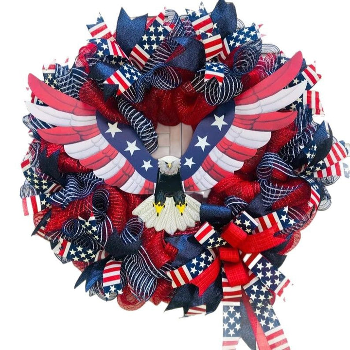 Unisex handmade decorative wreath made of polyester mesh with eagle centerpiece and Americana ribbons Bowlift