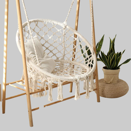 Macrame hanging chair with complete ceiling mounting kit and decorative tassel fringe Bowlift