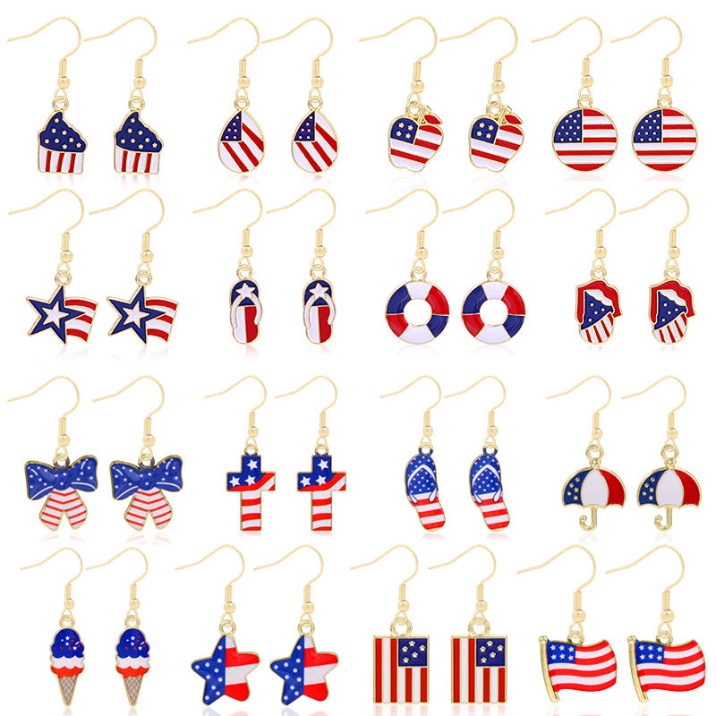 Women's star-shaped enamel earrings with USA flag motif and gold-plated fish Bowlift