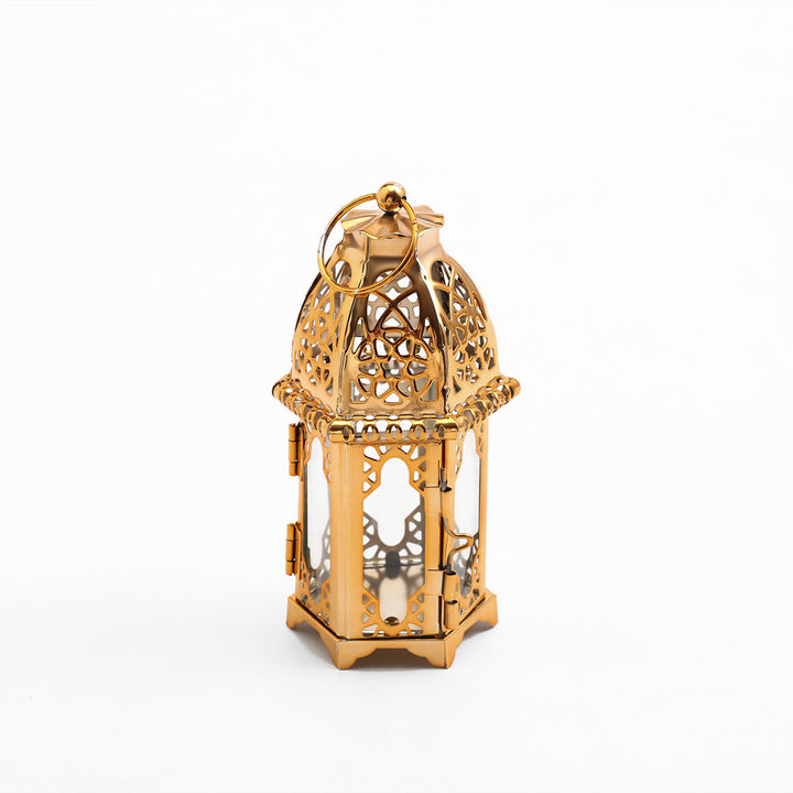 Intricate Cutwork Metal Tealight Lantern with Hinged Glass Panels Bowlift