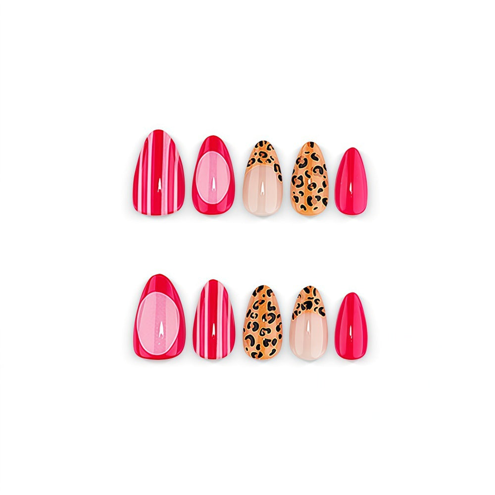 Artificial Nail Set with Stylish Leopard and Stripe Pattern Bowlift