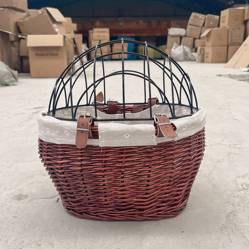wicker bicycle pet carrier with removable washable liner and reinforced lockable metal dome Bowlift