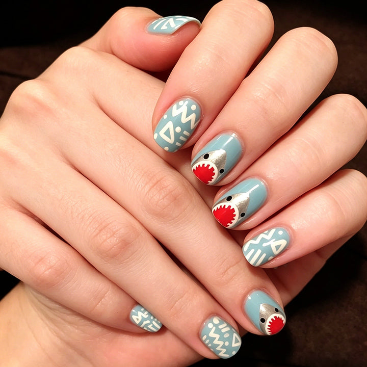 Artistic Shark-Themed Press-On Nail Design Bowlift