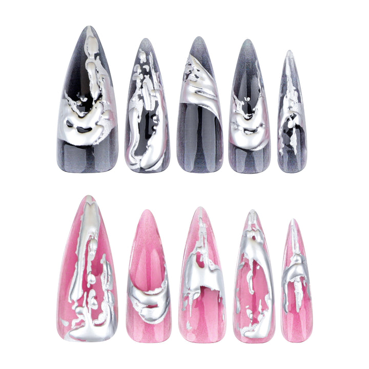 Creative stiletto nails with unique metallic details Bowlift