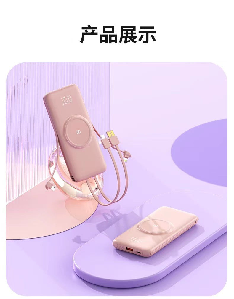 Portable power bank with wireless charging function and integrated charging cable Bowlift
