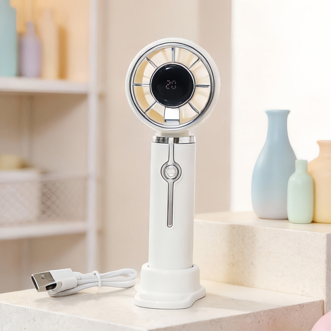 Women's Portable Hand Fan with LCD Temperature Display and USB Charging Function Bowlift