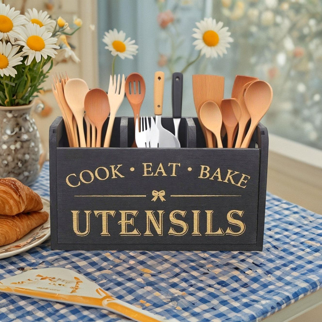 Rustic Farmhouse Kitchen Utensil Organizer Crate with Triple Compartments Bowlift