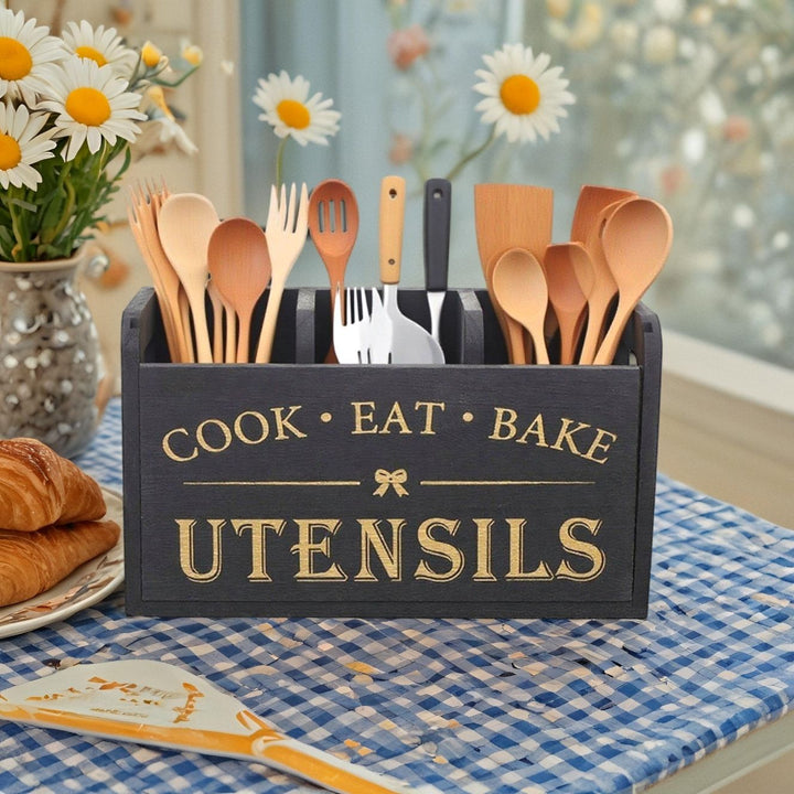 Rustic Farmhouse Kitchen Utensil Organizer Crate with Triple Compartments Bowlift