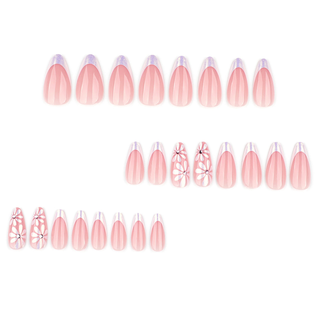 Elegant artificial nails with floral design and glitter embellishments Bowlift