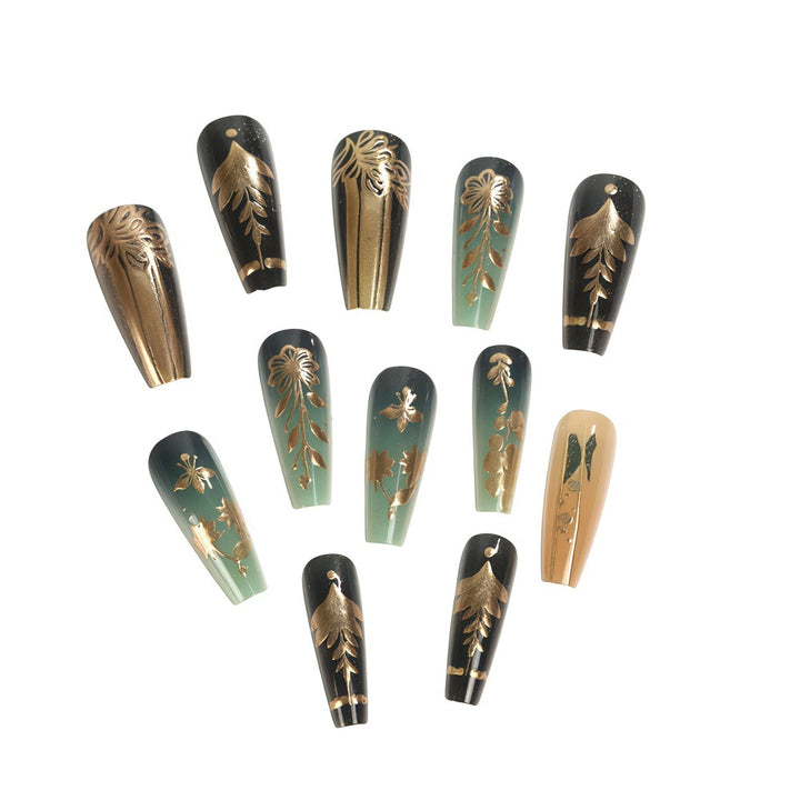 Artificial nails with floral gold embellishments Bowlift