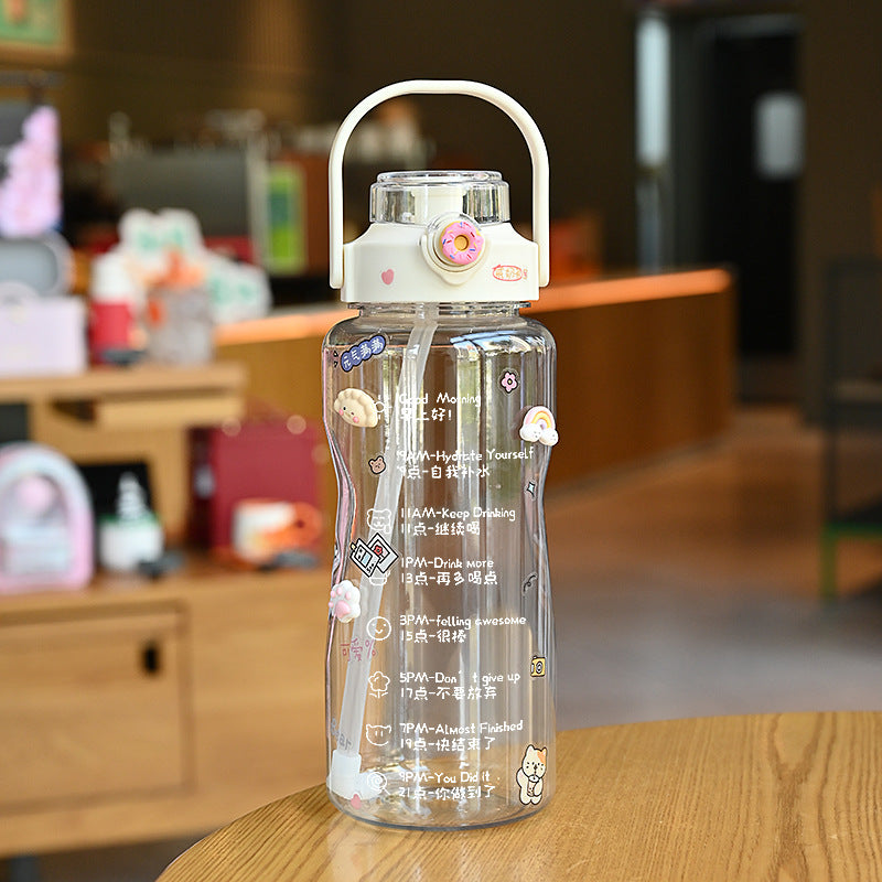 Women’s water bottle with integrated time marking and practical carrying handle Bowlift