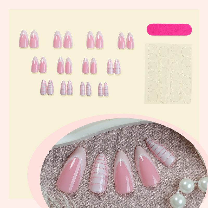 Elegant Almond-Shaped Press-On Nail Set with Striped and Solid Design Bowlift
