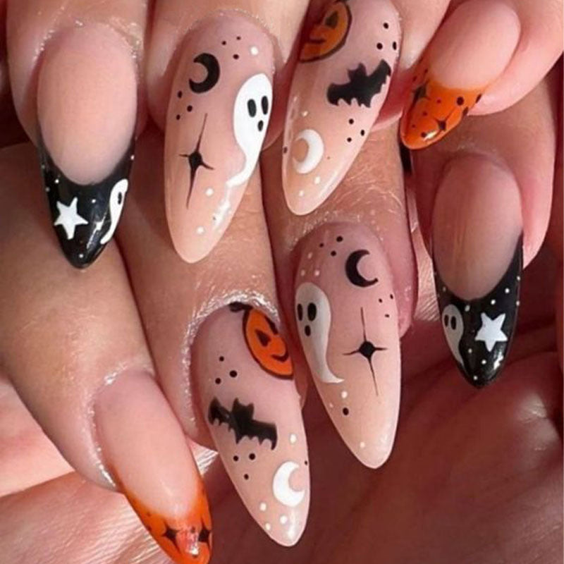 Halloween-themed artificial nails with ghost and pumpkin motifs Bowlift