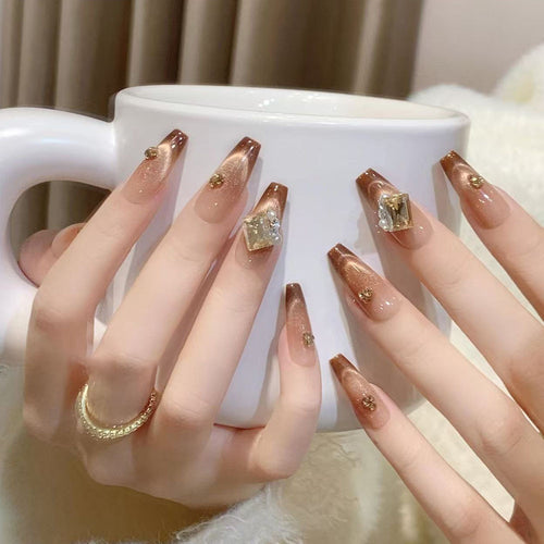 Artificial nails with elegant ombre effect and exquisite gemstones Bowlift