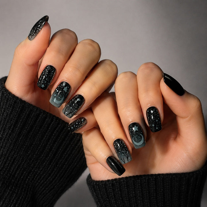 Artistic Press-On Nail Set with Celestial Design Bowlift