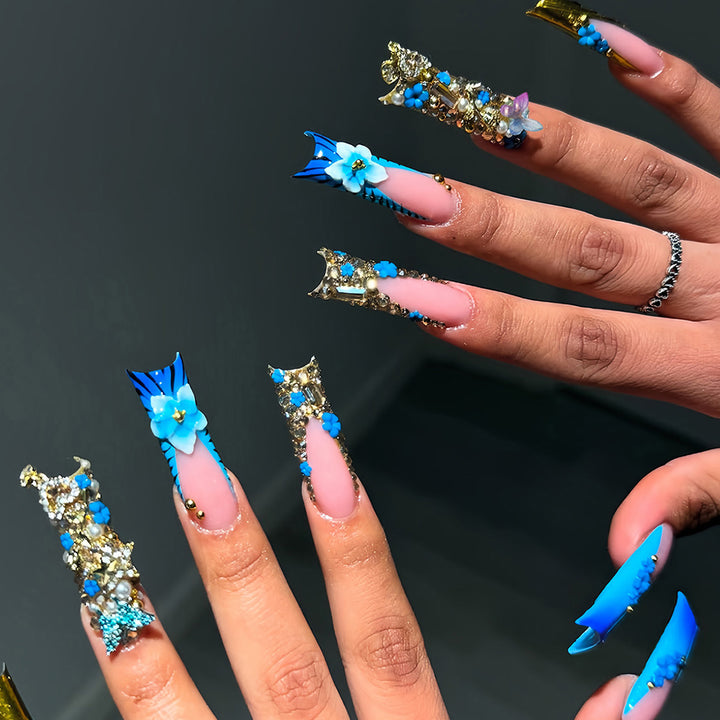Artistic 3D Decorative Press-On Nails with Gemstone Accents Bowlift