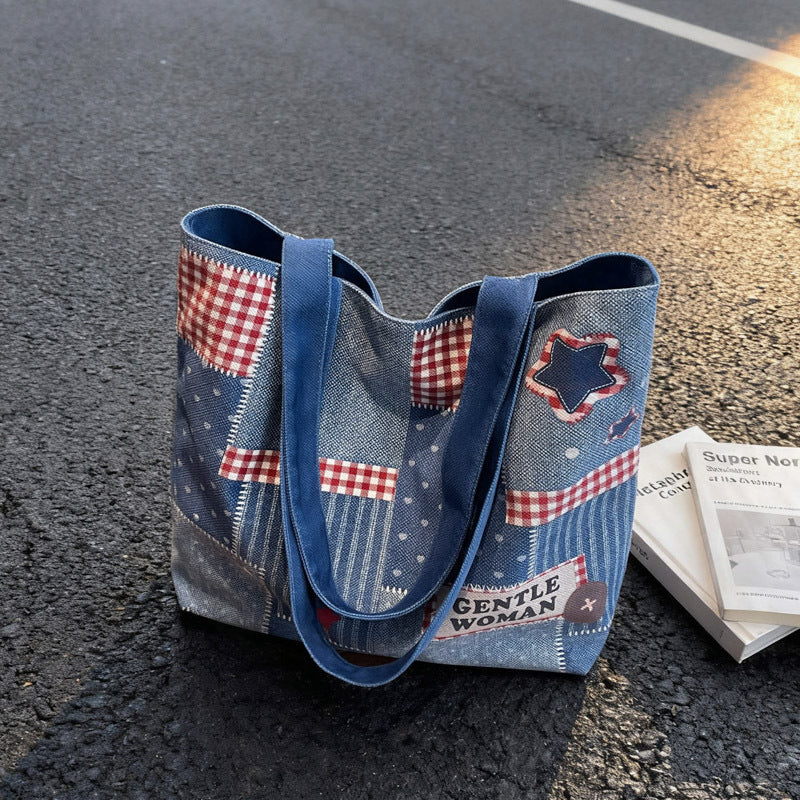 Chic Denim Patchrk Tote Bag Bowlift