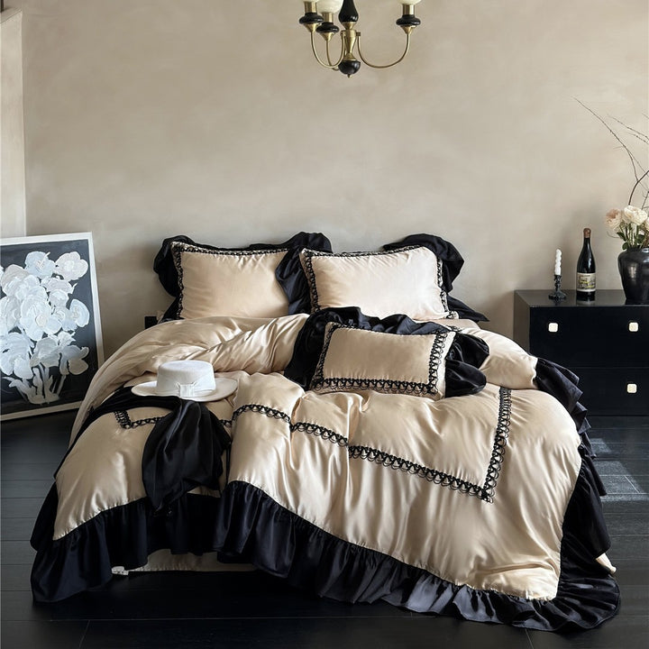 Satin-Feel Ruffled Duvet Cover Set with Decorative Loop Trim