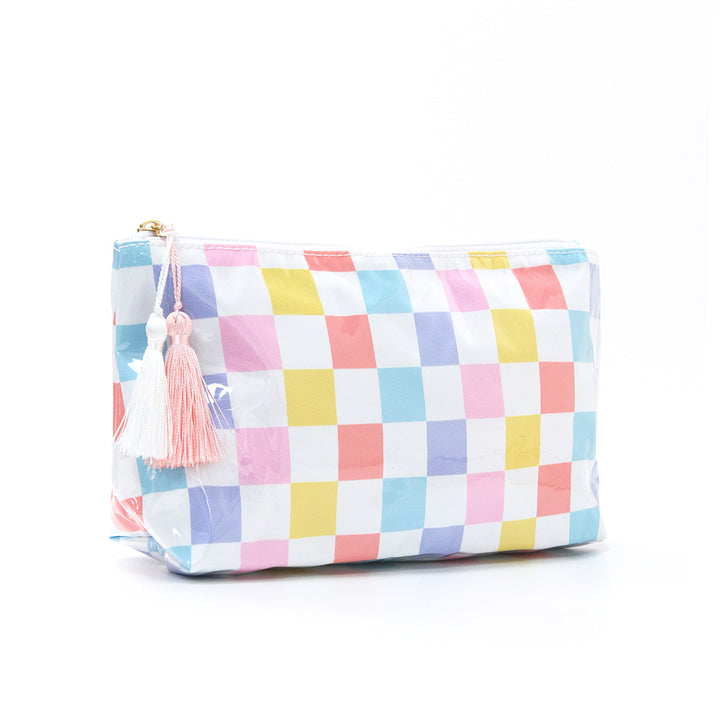Cosmetic storage bag with water-repellent surface and tassel detail Bowlift