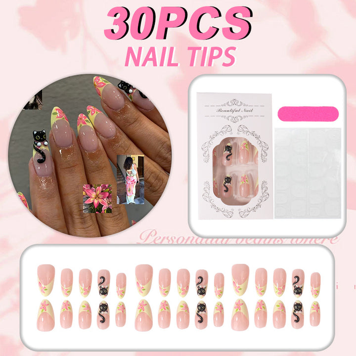 Artistic Cat-Themed Press-On Nail Tips Bowlift