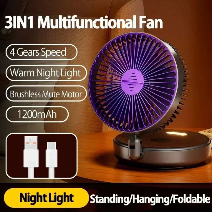 Unisex one size compact folding rechargeable USB Type C desk fan with adjustable tilt angle and integrated LED night light Bowlift