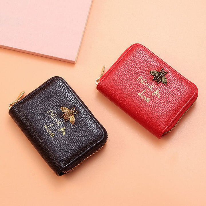 Designer Bee-Embellished Leather Zip-around Wallet Bowlift