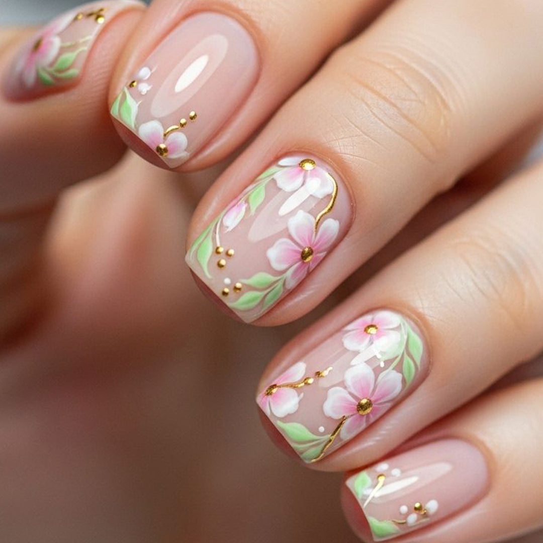 Elegant Floral Hand-Painted Nail Art Bowlift