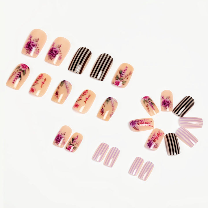 Artificial nails with floral and striped designs Bowlift